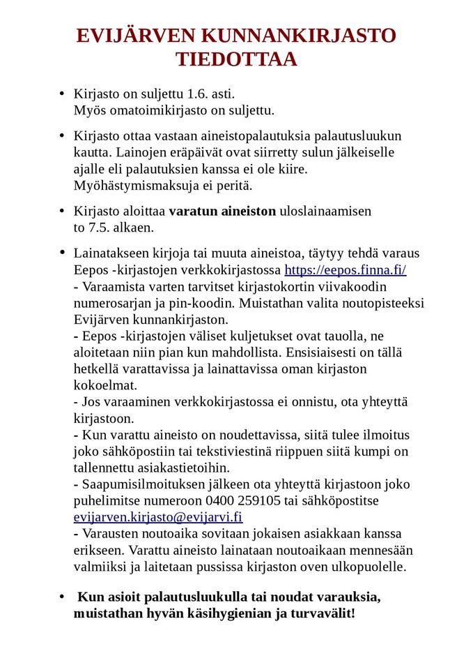 Evijrven kunnankirjasto tiedottaa