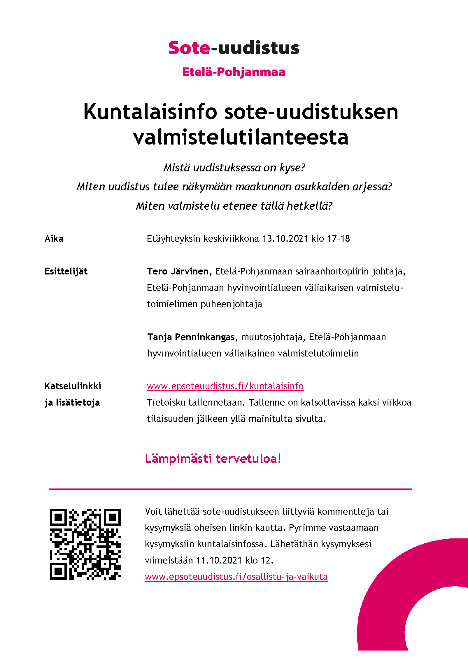 Kuntalaisinfo sote uudistuksen valmistelutilanteesta 13102021